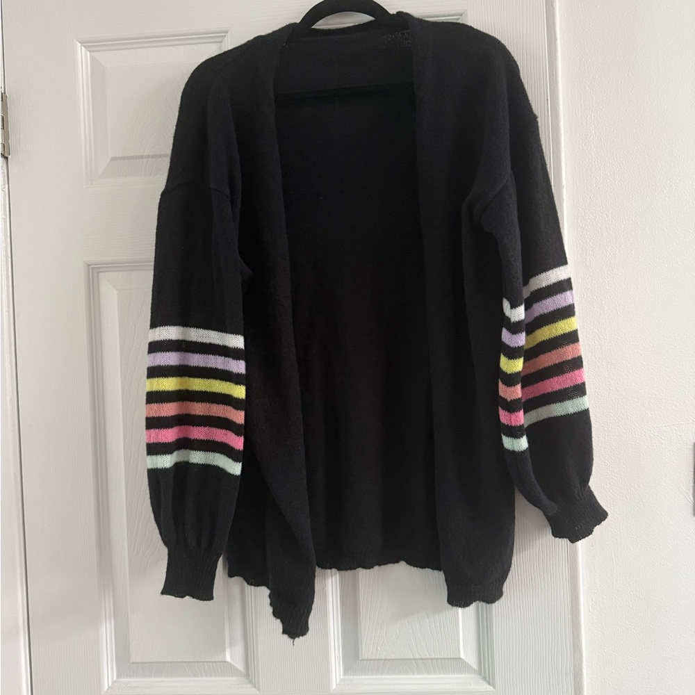 Striped Sleeve Black Cardigan Sweater